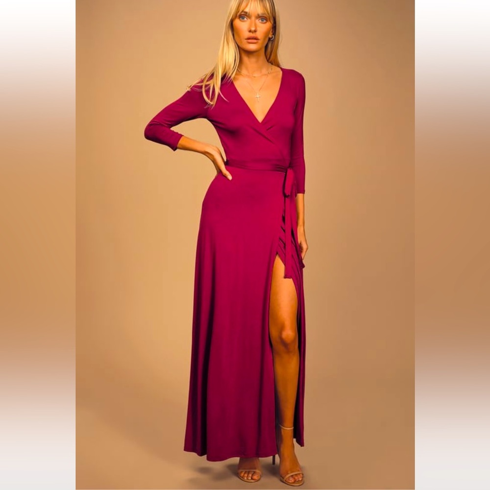 Lulus Garden District Berry Red Wrap Maxi Dress